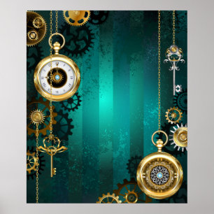 Steampunk-sieraden horloge op een groene achtergro poster