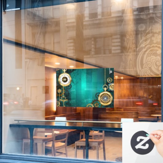 Steampunk-sieraden Horloge op een groene achtergro Raamsticker (Cafe Raam)