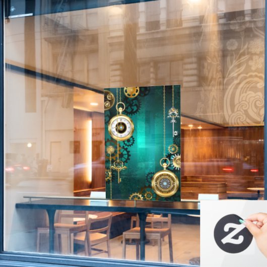 Steampunk-sieraden Horloge op een groene achtergro Raamsticker (Cafe Raam)