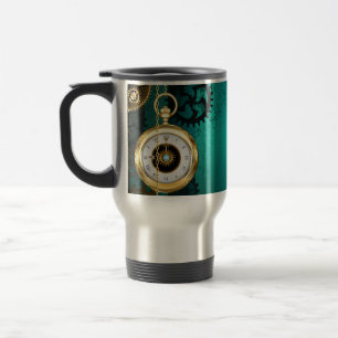 Steampunk-sieraden Horloge op een groene achtergro Reisbeker
