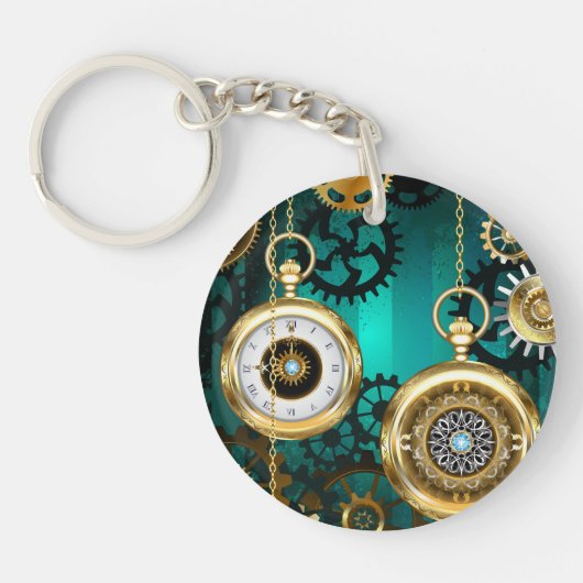 Steampunk-sieraden Horloge op een groene achtergro Sleutelhanger (Voorkant)