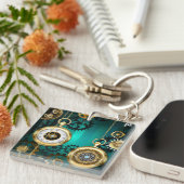 Steampunk-sieraden Horloge op een groene achtergro Sleutelhanger (Voorkant Rechts)