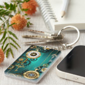 Steampunk-sieraden Horloge op een groene achtergro Sleutelhanger (Voorkant Rechts)