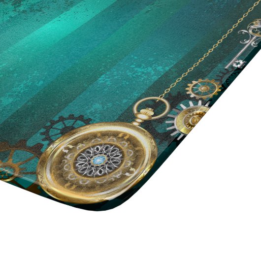 Steampunk-sieraden Horloge op een groene achtergro Snijplank (Hoek)