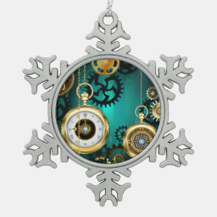 Steampunk-sieraden Horloge op een groene achtergro Tin Sneeuwvlok Ornament