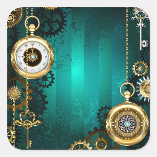 Steampunk-sieraden Horloge op een groene achtergro Vierkante Sticker (Voorkant)