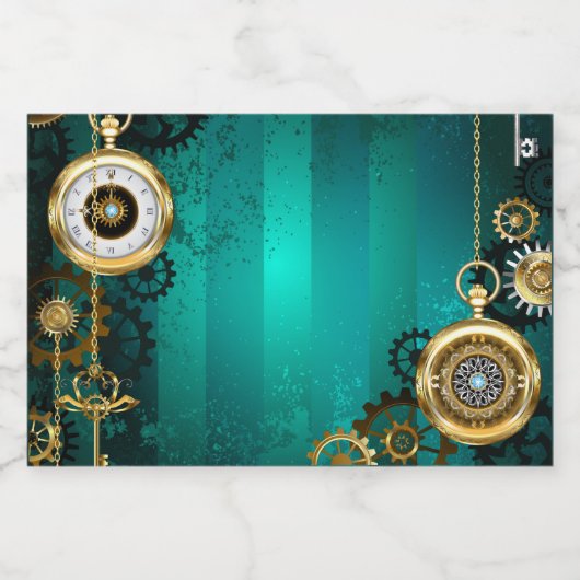 Steampunk-sieraden Horloge op een groene achtergro Voedselcontainer Etiket (Enkel label)