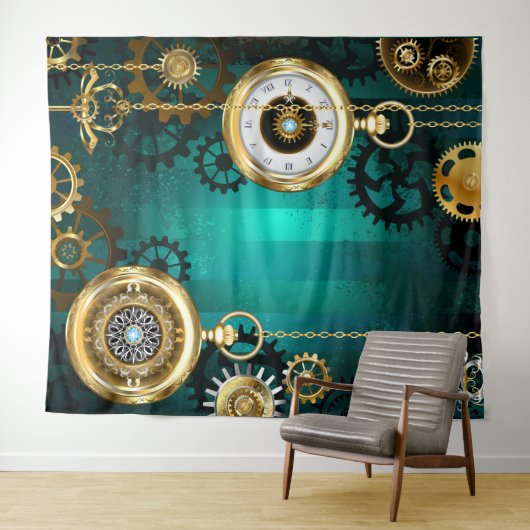 Steampunk-sieraden Horloge op een groene achtergro Wandkleed (In Situ (horizontaal))