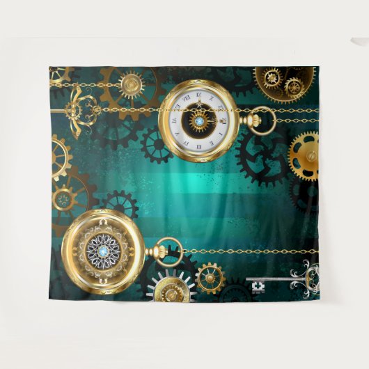 Steampunk-sieraden Horloge op een groene achtergro Wandkleed (Voorkant (horizontaal))