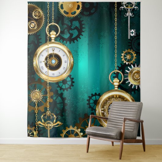 Steampunk-sieraden Horloge op een groene achtergro Wandkleed (In situ)