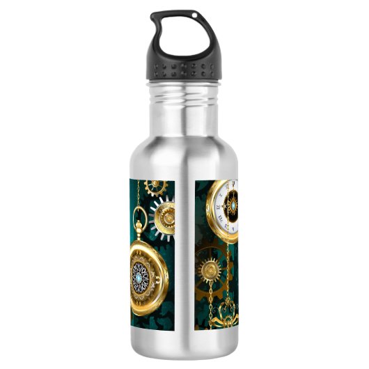 Steampunk-sieraden Horloge op een groene achtergro Waterfles (Achterkant)
