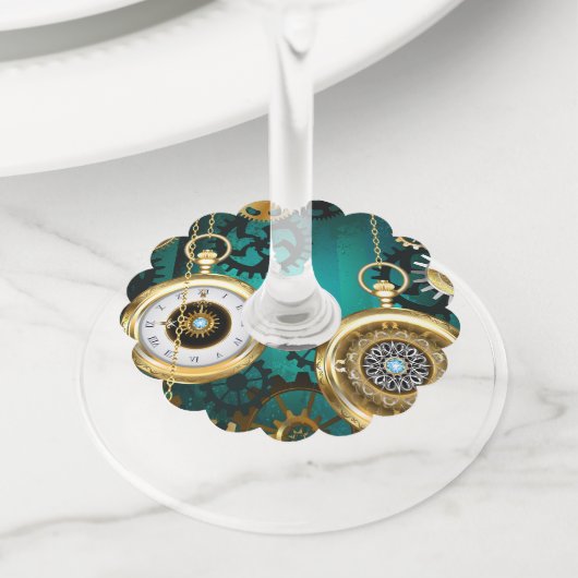 Steampunk-sieraden Horloge op een groene achtergro Wijnglaslabel (Dichtbij)