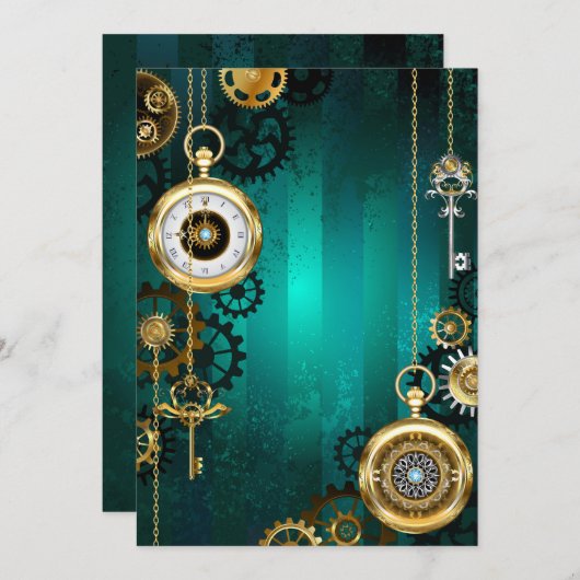 Steampunk-sieradenhorloge op een groene achtergron bedankkaart (Voorkant / Achterkant)