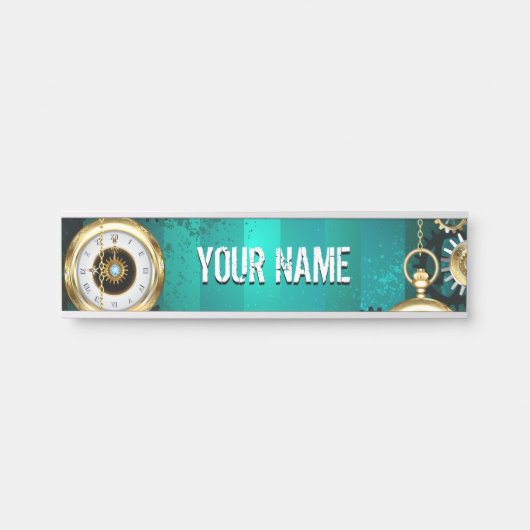 Steampunk-sieradenhorloge op een groene achtergron deurbordje (Voorkant)