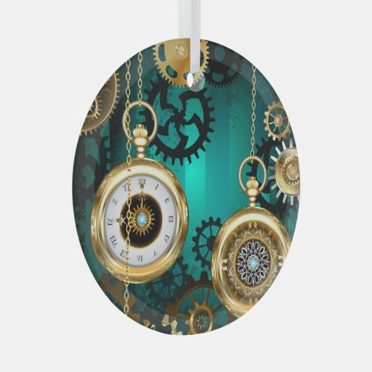 Steampunk-sieradenhorloge op een groene achtergron glas ornament (Voorkant Rechts)
