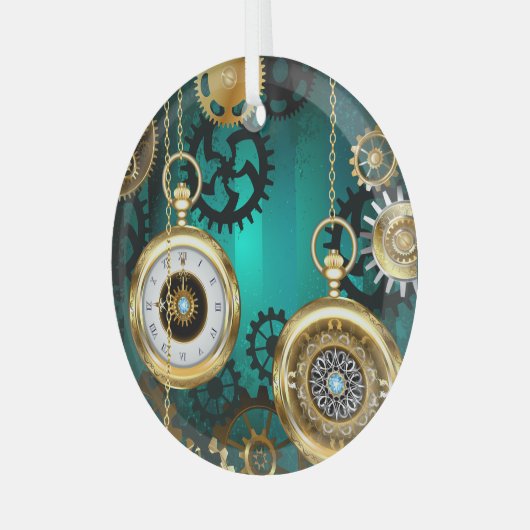 Steampunk-sieradenhorloge op een groene achtergron glas ornament (Voorkant links)