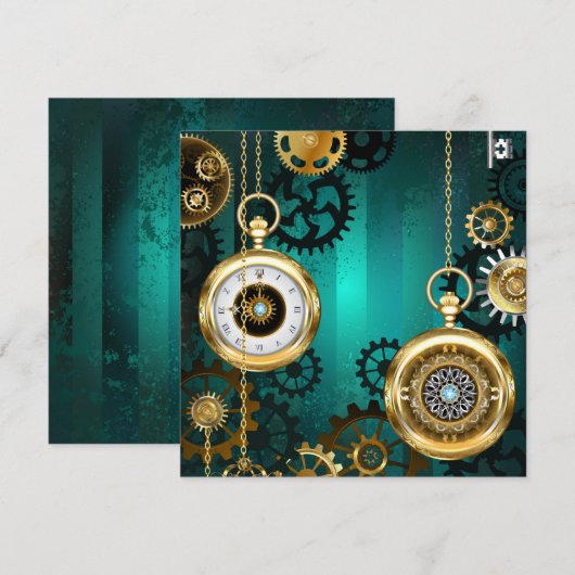 Steampunk-sieradenhorloge op een groene achtergron notitiekaartje (Voorkant / Achterkant)