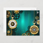 Steampunk-sieradenhorloge op een groene achtergron uitnodiging briefkaart (Voorkant / Achterkant)