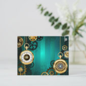 Steampunk-sieradenhorloge op een groene achtergron uitnodiging briefkaart (Staand voorkant)