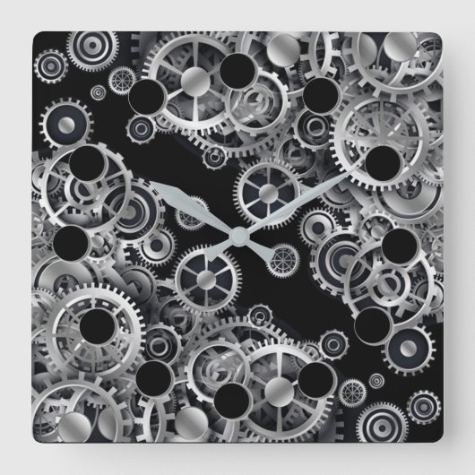 Steampunk Silver Gears 2 Square Wall klok (Voorkant)