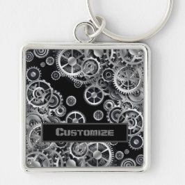 Steampunk Silver Gears Square Sleutelhanger
