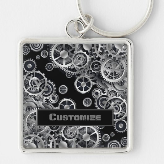 Steampunk Silver Gears Square Sleutelhanger (Voorkant)