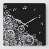 Steampunk Silver Gears Square Wall klok (Voorkant)