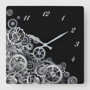 Steampunk Silver Gears Square Wall klok