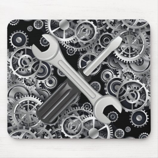 Steampunk Silver Gears & Tools Muismat (Voorkant)