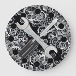 Steampunk Silver Gears & Tools Round Wall Clock Grote Klok