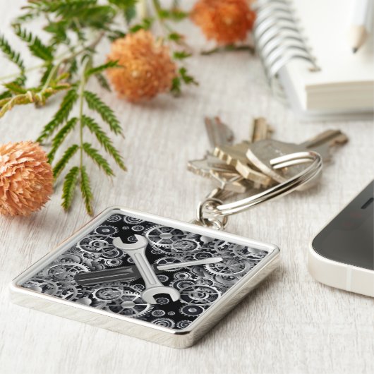 Steampunk Silver Gears & Tools Square Sleutelhange Sleutelhanger (Zijkant)