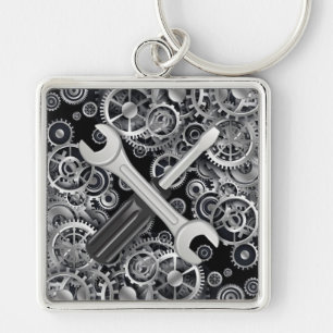 Steampunk Silver Gears & Tools Square Sleutelhange Sleutelhanger