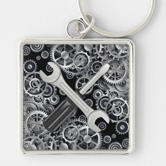 Steampunk Silver Gears & Tools Square Sleutelhange Sleutelhanger (Voorkant)