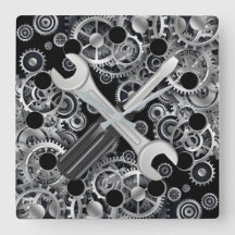Steampunk Silver Gears & Tools Square Wall Clock