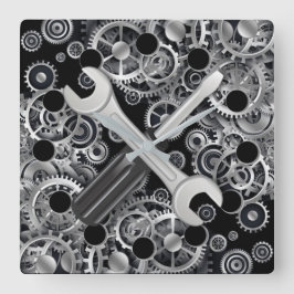 Steampunk Silver Gears & Tools Square Wall Clock Vierkante Klok