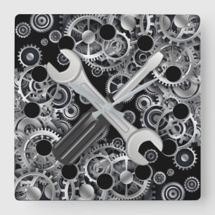 Steampunk Silver Gears & Tools Square Wall Clock Vierkante Klok