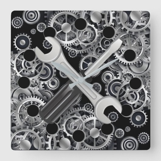 Steampunk Silver Gears & Tools Square Wall Clock Vierkante Klok (Voorkant)