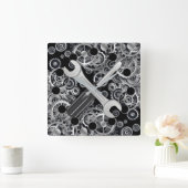 Steampunk Silver Gears & Tools Square Wall Clock Vierkante Klok (Huis)