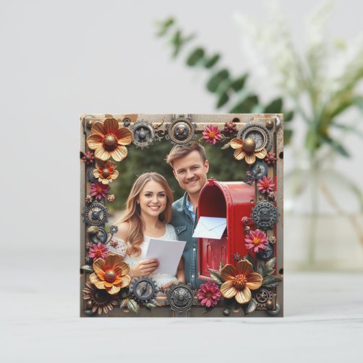 Steampunk Silver & Wood Gepersonaliseerde bruiloft Save The Date (Staand voorkant)