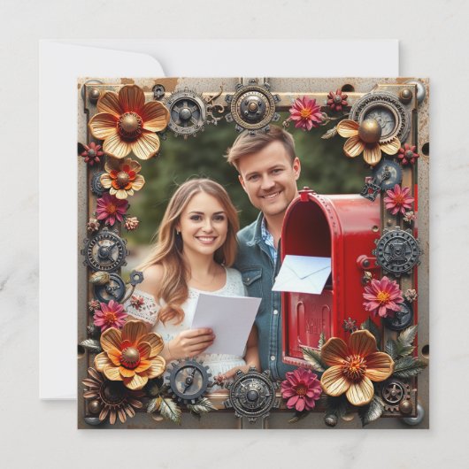 Steampunk Silver & Wood Gepersonaliseerde bruiloft Save The Date (Voorkant)