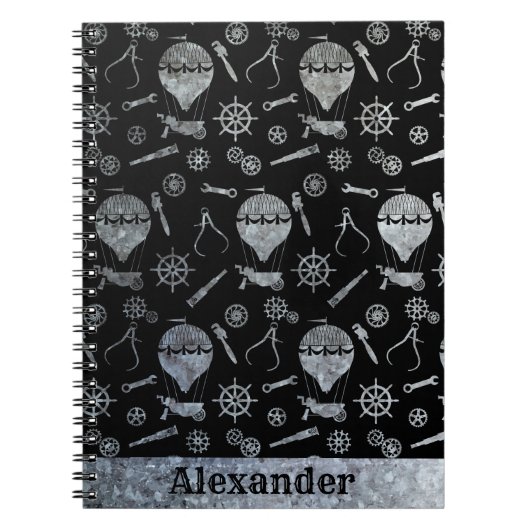 Steampunk Silver Zinc Ballooning Thema Aangepaste Notitieboek (Voorkant)