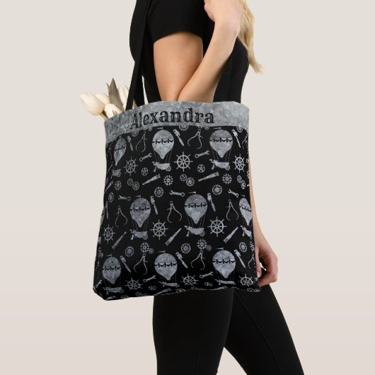 Steampunk Silver Zinc Balloons Aangepaste naam Tote Bag (Dichtbij)