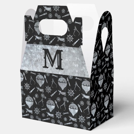 Steampunk Silver Zinc Balloons Monogram Gable Bedankdoosjes (Geopend)