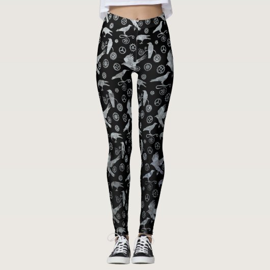 Steampunk Silver Zinc Crows en Gears Leggings (Voorkant)