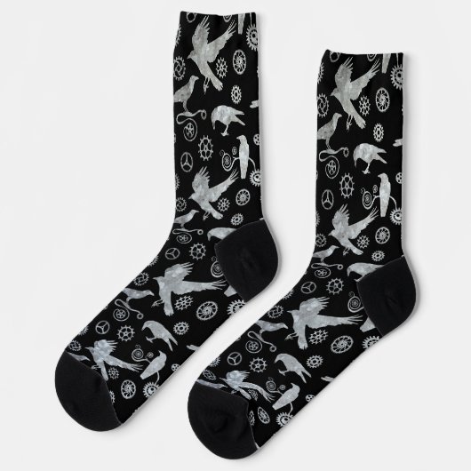 Steampunk Silver Zinc Crows en Gears Socks Sokken (Links)