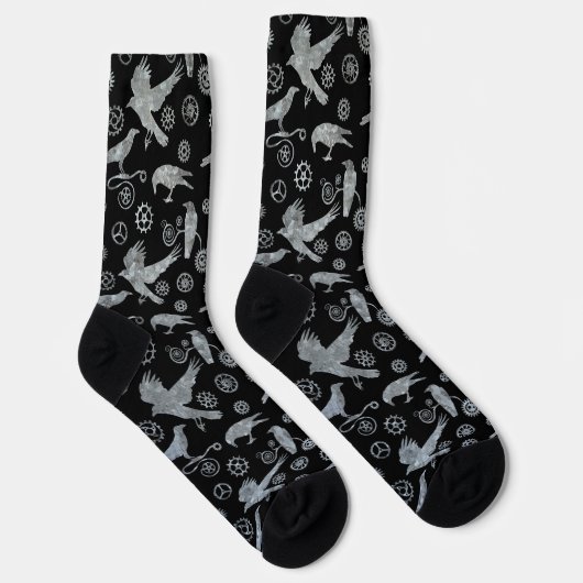 Steampunk Silver Zinc Crows en Gears Socks Sokken (Rechts)