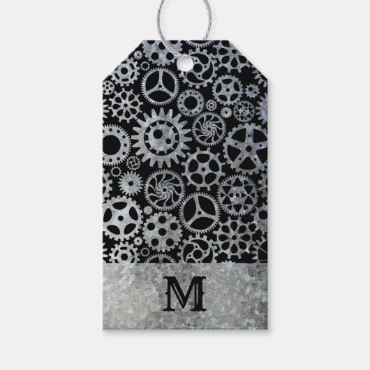 Steampunk Silver Zinc Gears Aangepast monogram Cadeaulabel (Voorkant)