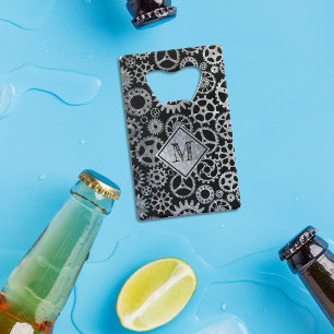 Steampunk Silver Zinc Gears Aangepast monogram Creditkaart Flessenopener