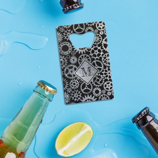 Steampunk Silver Zinc Gears Aangepast monogram Creditkaart Flessenopener