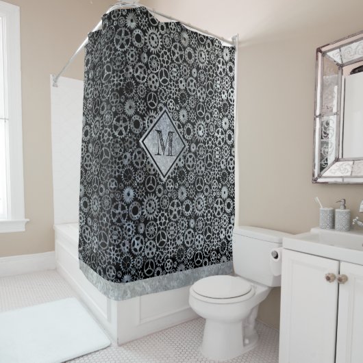 Steampunk Silver Zinc Gears Aangepast monogram Douchegordijn (In situ)